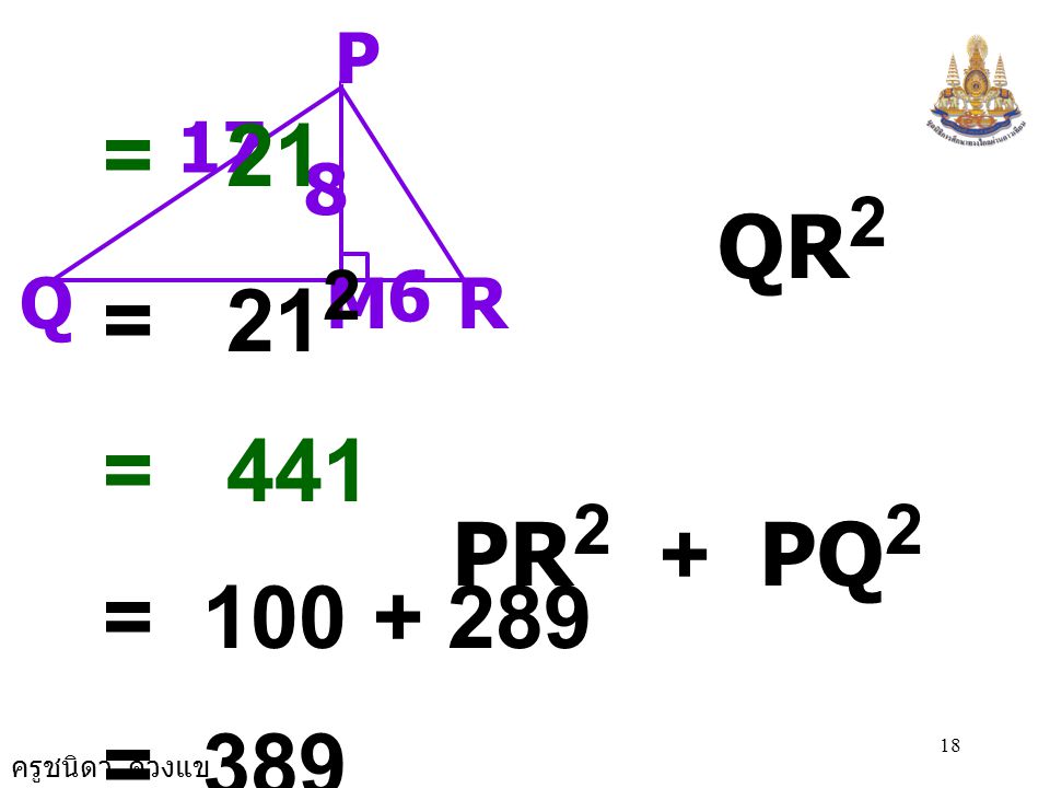 จะได้ QR2 น PR2 + PQ2 = 21 QR2 = 212 = 441 PR2 + PQ2 = = 389