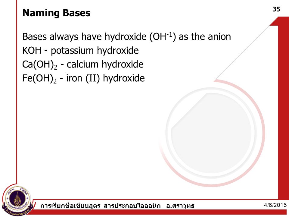 Bases always have hydroxide (OH-1) as the anion