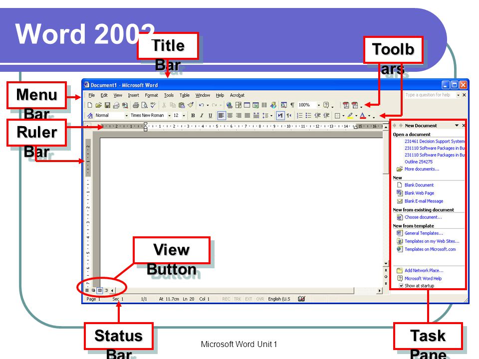 Word 2002 Title Bar Toolbars Menu Bar Ruler Bar View Button Task Pane