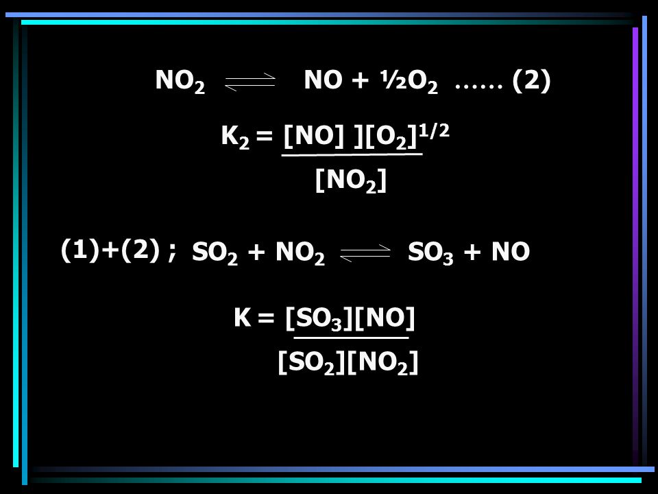 NO2 NO + ½O2 …… (2) K2 = [NO] ][O2]1/2. [NO2] (1)+(2) ; SO2 + NO2 SO3 + NO.