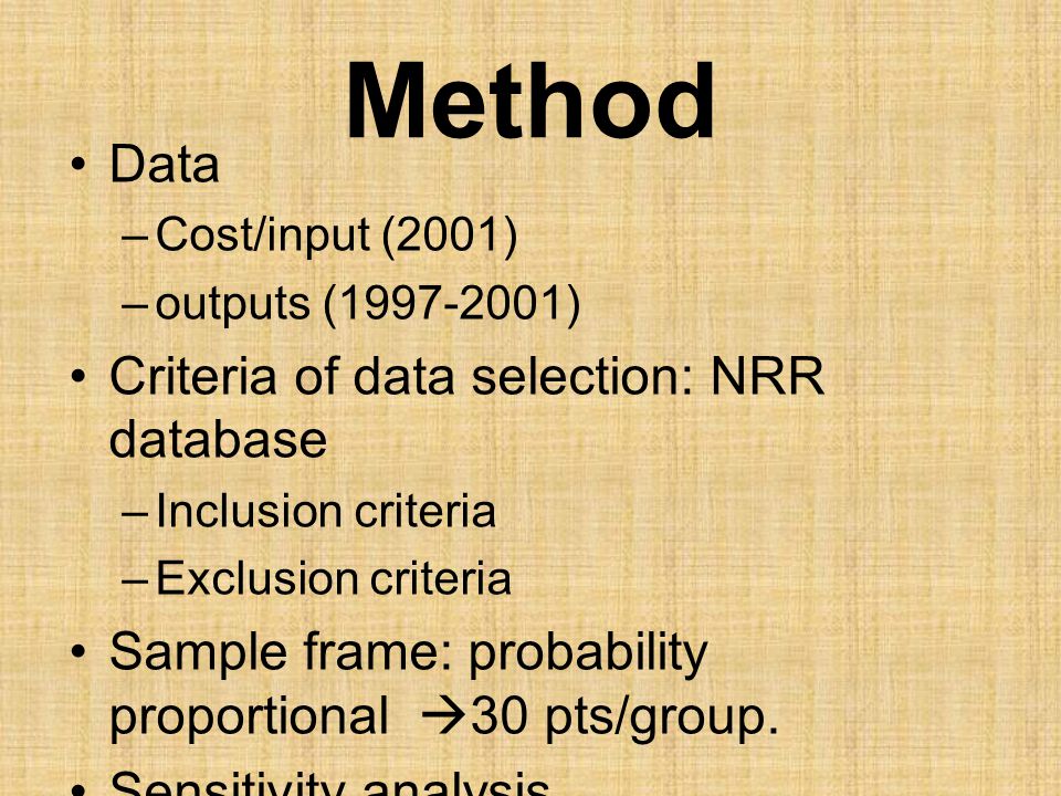 Method Data Criteria of data selection: NRR database