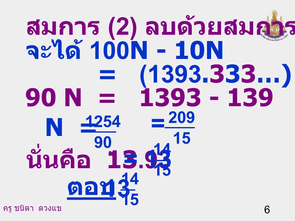 สมการ (2) ลบด้วยสมการ (3) จะได้ 100N - 10N
