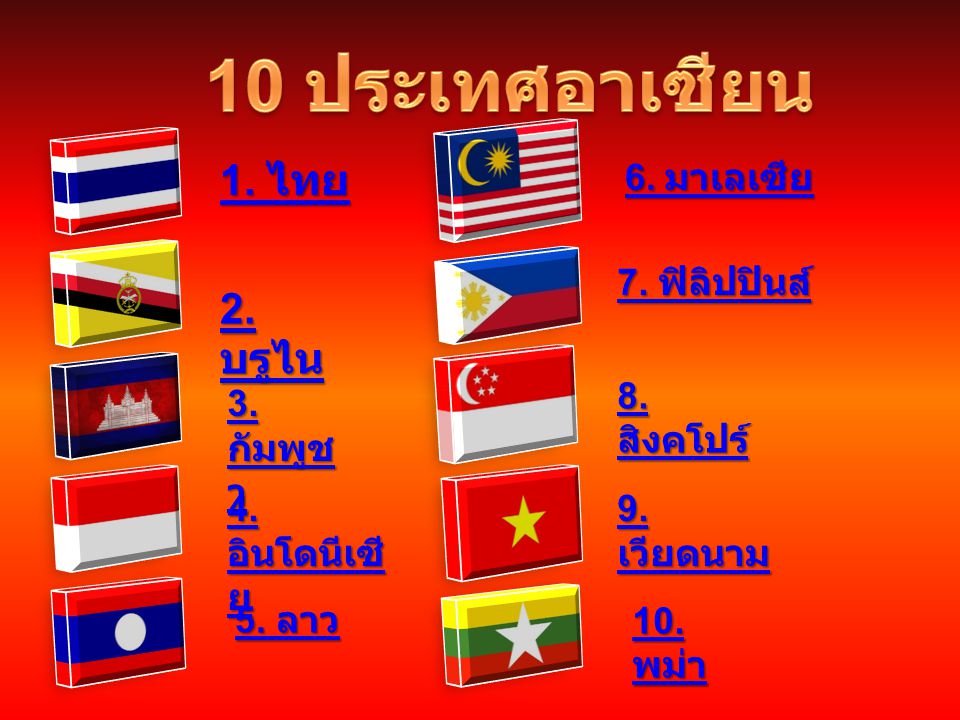 10 ประเทศอาเซียน 1. ไทย 2. บรูไน 6. มาเลเซีย 7. ฟิลิปปินส์ 8. สิงคโปร์