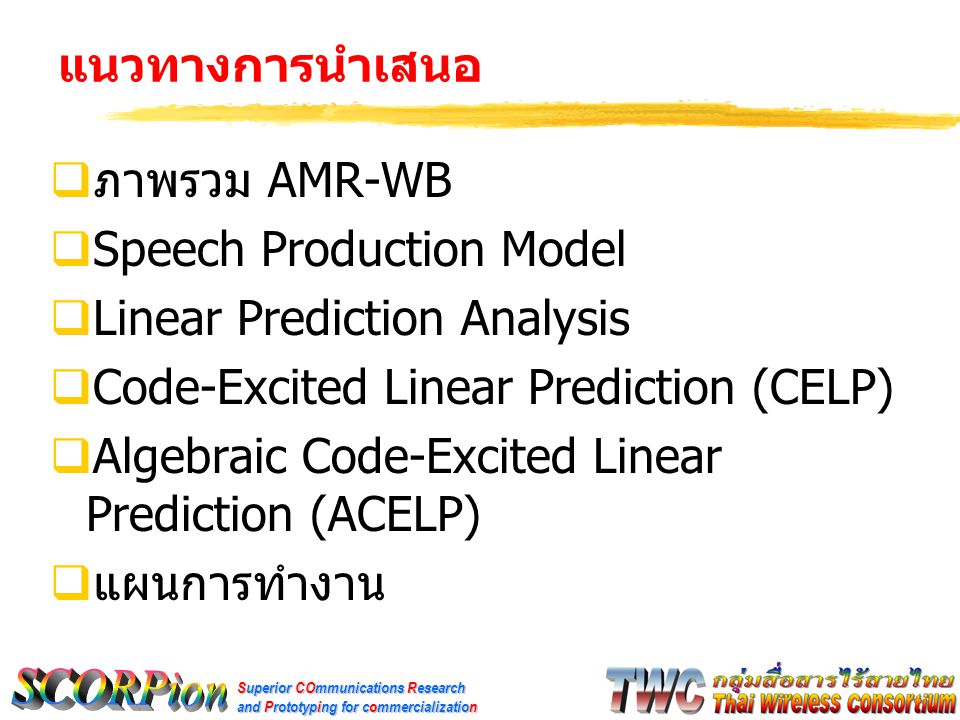 แนวทางการนำเสนอ ภาพรวม AMR-WB. Speech Production Model. Linear Prediction Analysis. Code-Excited Linear Prediction (CELP)