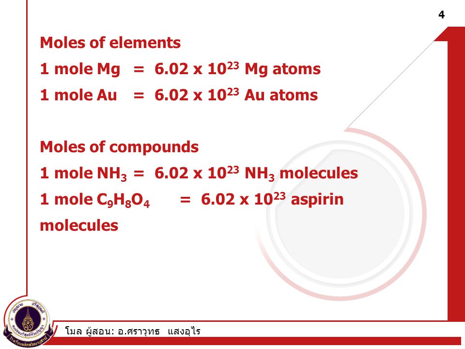 Moles of elements 1 mole Mg. = x 1023 Mg atoms. 1 mole Au. = 6