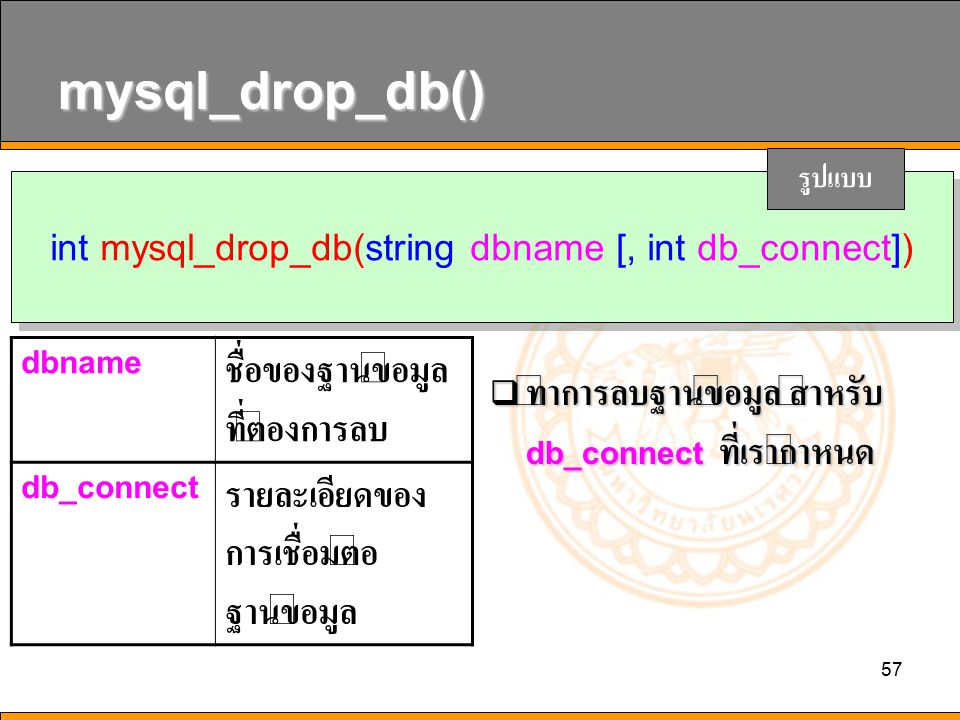 int mysql_drop_db(string dbname [, int db_connect])