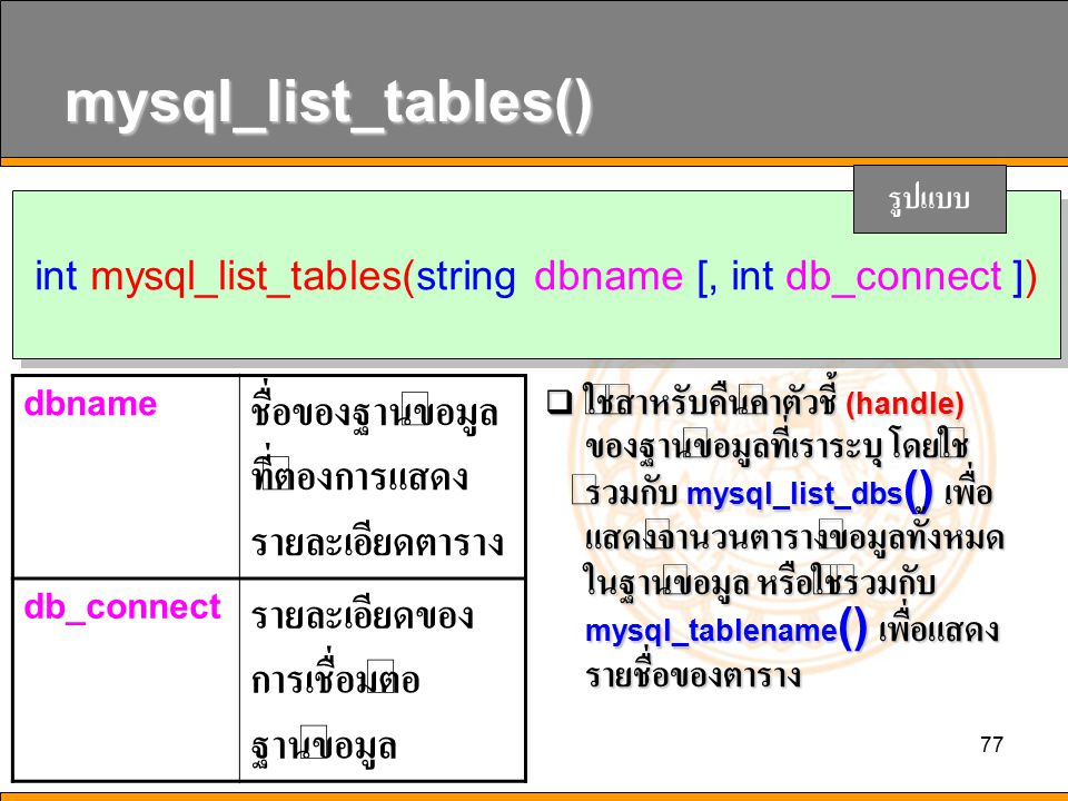 int mysql_list_tables(string dbname [, int db_connect ])