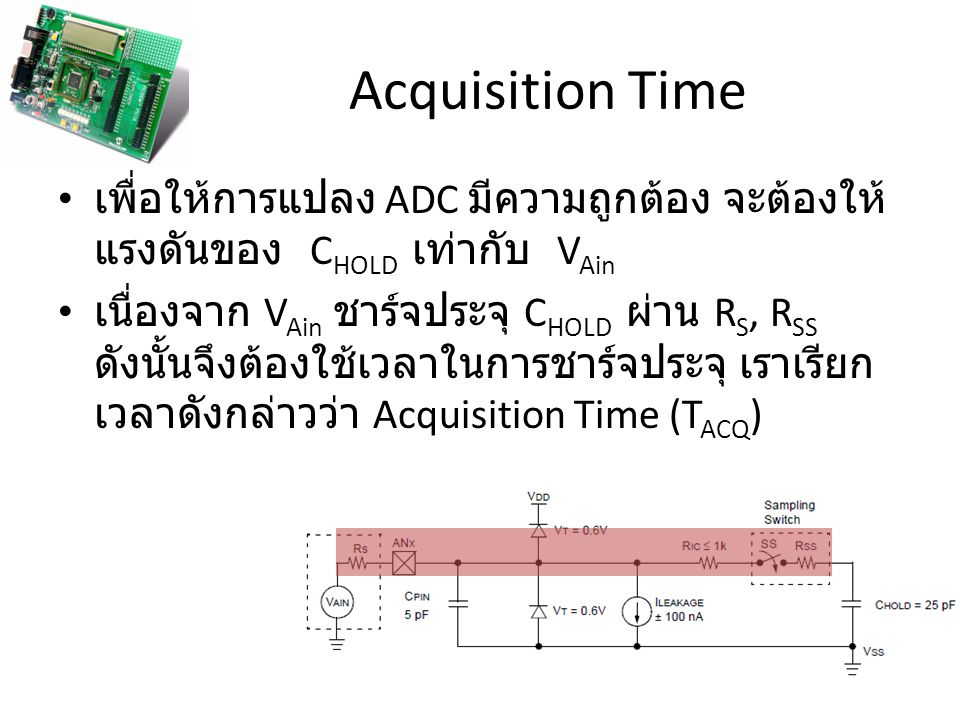 Acquisition Time เพื่อให้การแปลง ADC มีความถูกต้อง จะต้องให้แรงดันของ CHOLD เท่ากับ VAin.