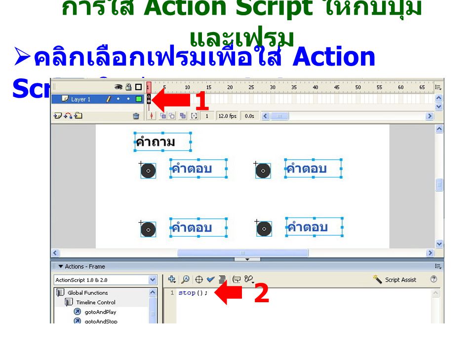 การใส่ Action Script ให้กับปุ่ม และเฟรม