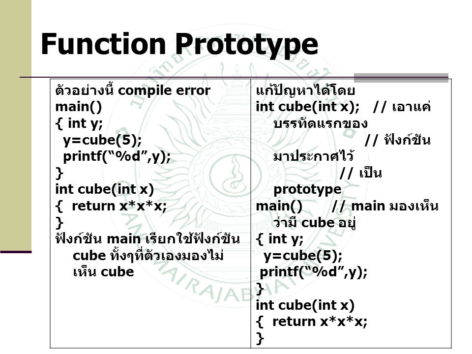Function Prototype ตัวอย่างนี้ compile error main() { int y;