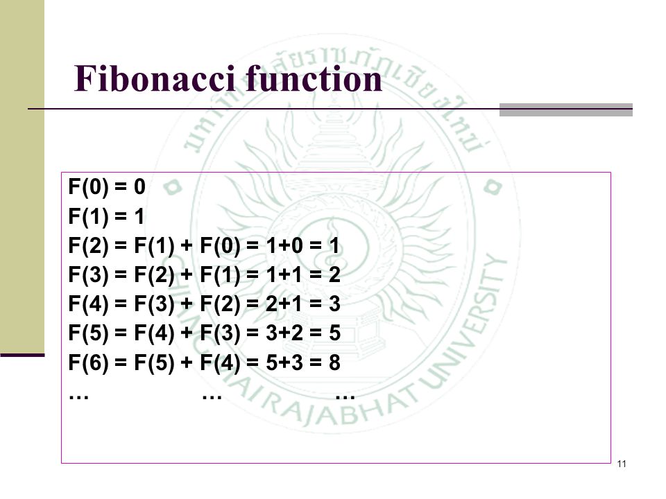 Fibonacci function F(0) = 0 F(1) = 1 F(2) = F(1) + F(0) = 1+0 = 1