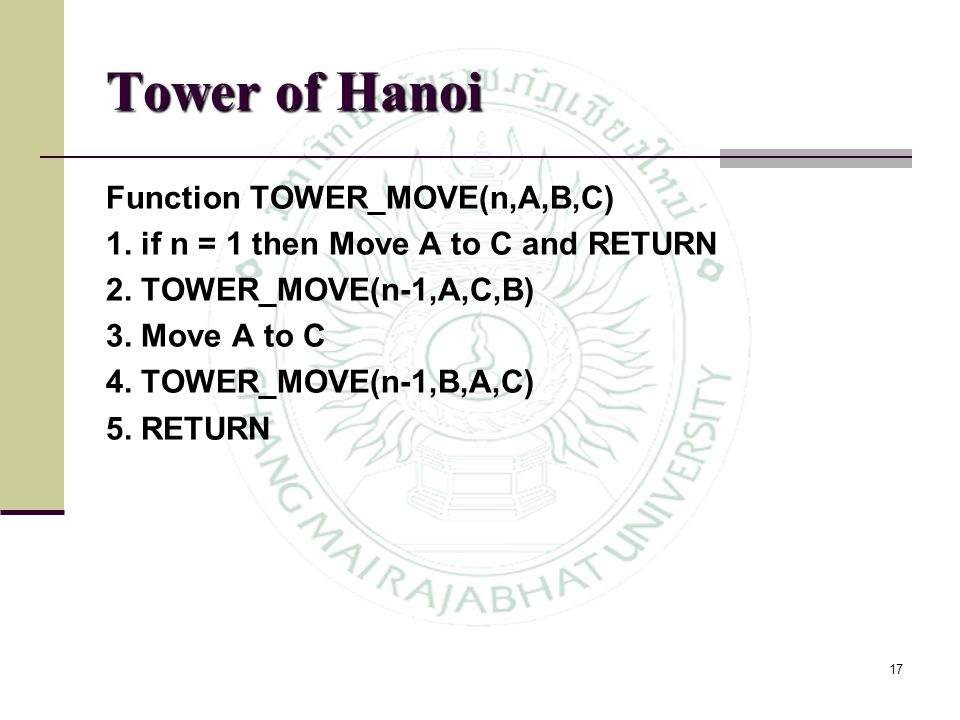 Tower of Hanoi Function TOWER_MOVE(n,A,B,C)