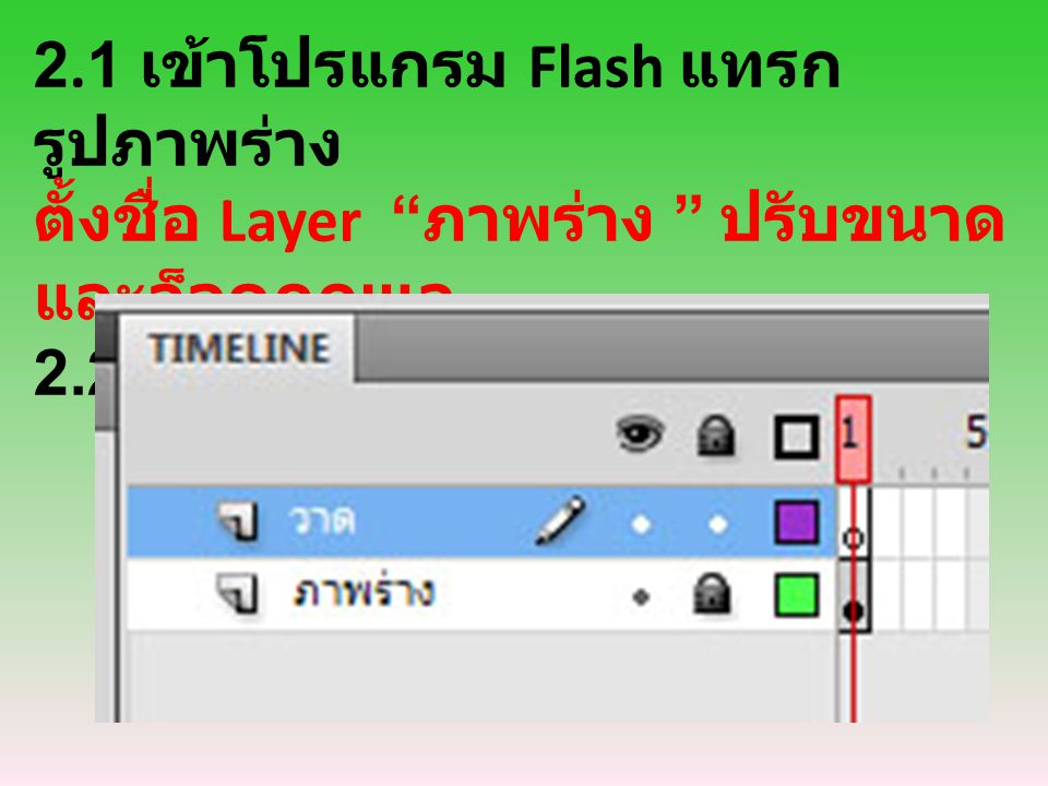 2.1 เข้าโปรแกรม Flash แทรกรูปภาพร่าง ตั้งชื่อ Layer ภาพร่าง ปรับขนาด และล็อคกุญแจ 2.2 เพิ่ม Layer ที่ 2 สำหรับวาดภาพ
