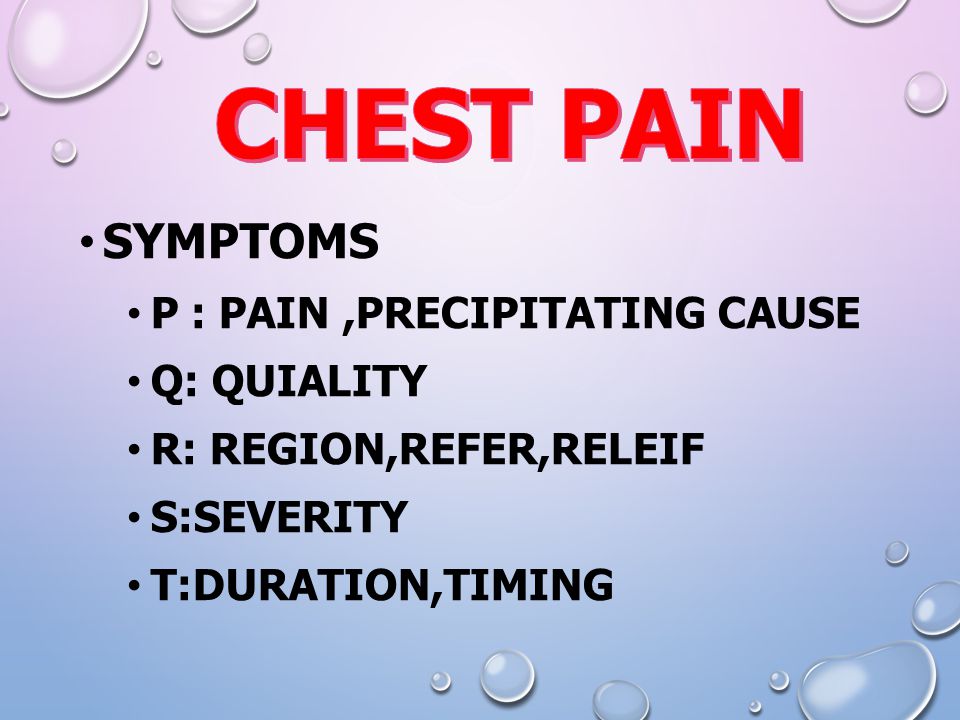 CHEST PAIN Symptoms P : pain ,precipitating cause Q: quiality