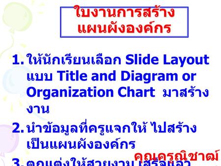 ใบงานการสร้าง แผนผังองค์กร 1. ให้นักเรียนเลือก Slide Layout แบบ Title and Diagram or Organization Chart มาสร้าง งาน 2. นำข้อมูลที่ครูแจกให้ ไปสร้าง เป็นแผนผังองค์กร.