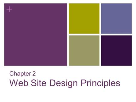 + Chapter 2 Web Site Design Principles. + Objectives Web design Enviroment Design for the computer medium Create a unified site design Design for the.