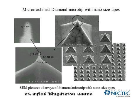 คร. อนุรัตน์ วิศิษฏสรอรรถ เนคเทค Micromachined Diamond microtip with nano-size apex r 2 = 5nm SEM pictures of arrays of diamond microtip with nano-size.