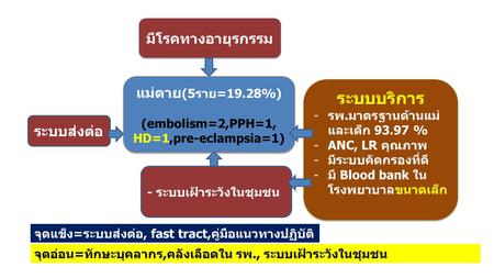 มีโรคทางอายุรกรรม แม่ตาย (5ราย=19.28%) (embolism=2,PPH=1, HD=1,pre-eclampsia=1) แม่ตาย (5ราย=19.28%) (embolism=2,PPH=1, HD=1,pre-eclampsia=1) ระบบบริการ.