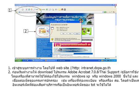 1 2 1. เข้าสู่ระบบการทำงาน โดยไปที่ web site //http: intranet.dopa.go.th 2. ก่อนเริ่มทำงานให้ download โปรแกรม Adobe Acrobat 7.0.8/Thai Support /คู่มือการใช้งานระบบ.