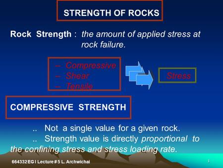 Rock Strength : the amount of applied stress at rock failure.
