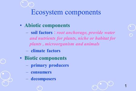 Ecosystem components Abiotic components Biotic components
