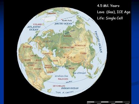 4.5 Mil. Years Lava (Gas), ICE Age Life: Single Cell.