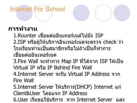 Internet For School การทำงาน 1.Rounter เชื่อมต่ออินเทอร์เนต์ไปยัง ISP 2.ISP หรือผู้ให้บริการอินเทอร์เนตจะตรวจ check ว่าโรงเรียนท่านเป็นสมาชิกหรือไม่ถ้าเป็นก็ทำการเชื่อมต่ออินเทอร์เนต.