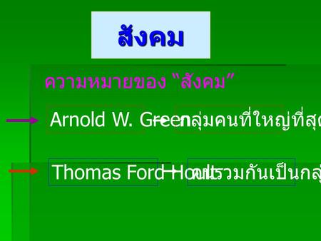 สังคม ความหมายของ “สังคม” Arnold W. Green กลุ่มคนที่ใหญ่ที่สุด