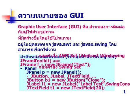 ความหมายของ GUI Graphic User Interface (GUI) คือ ส่วนของการติดต่อกับผู้ใช้ด้วยรูปภาพ ที่มีสร้างขึ้นโดยใช้โปรแกรม อยู่ในชุดแพคเกจ java.awt และ javax.swing.