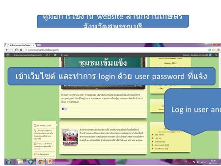 Log in user and password คู่มือการใช้งาน website สำนักงานเกษตร จังหวัดสุพรรณบุรี เข้าเว็บไซต์ และทำการ login ด้วย user password ที่แจ้ง.