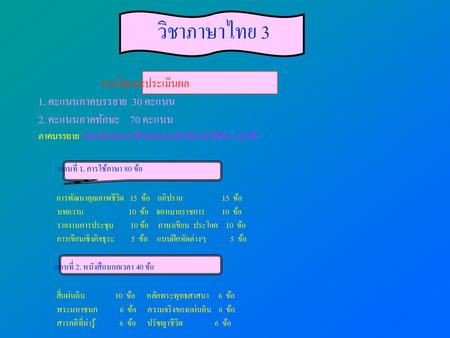 วิชาภาษาไทย 3 1. คะแนนภาคบรรยาย 30 คะแนน 2. คะแนนภาคทักษะ 70 คะแนน