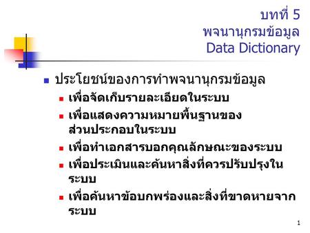 บทที่ 5 พจนานุกรมข้อมูล Data Dictionary
