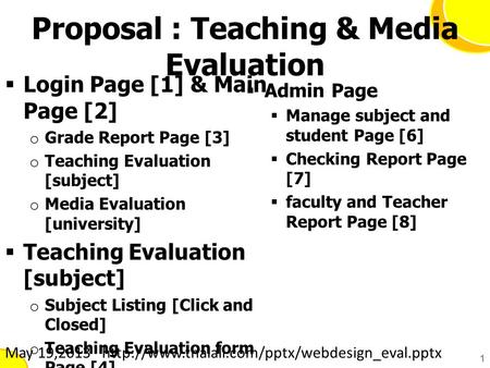 Proposal : Teaching & Media Evaluation  Login Page [1] & Main Page [2] o Grade Report Page [3] o Teaching Evaluation [subject] o Media Evaluation [university]