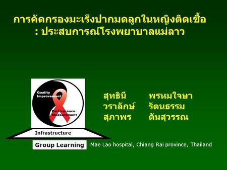 การคัดกรองมะเร็งปากมดลูกในหญิงติดเชื้อ : ประสบการณ์โรงพยาบาลแม่ลาว Mae Lao hospital, Chiang Rai province, Thailand สุทธินีพรหมใจษา วราลักษ์ รัตนธรรม สุภาพรตันสุวรรณ.