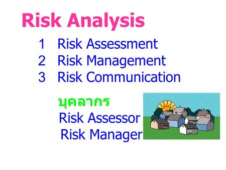 Risk Analysis 1 Risk Assessment 2 Risk Management 3 Risk Communication
