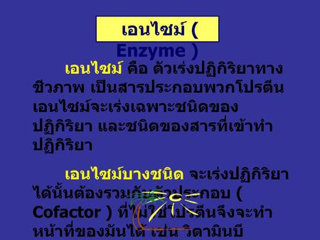 เอนไซม์ ( Enzyme ) เอนไซม์ คือ ตัวเร่งปฏิกิริยาทางชีวภาพ เป็นสารประกอบพวกโปรตีน เอนไซม์จะเร่งเฉพาะชนิดของปฏิกิริยา และชนิดของสารที่เข้าทำปฏิกิริยา เอนไซม์บางชนิด.