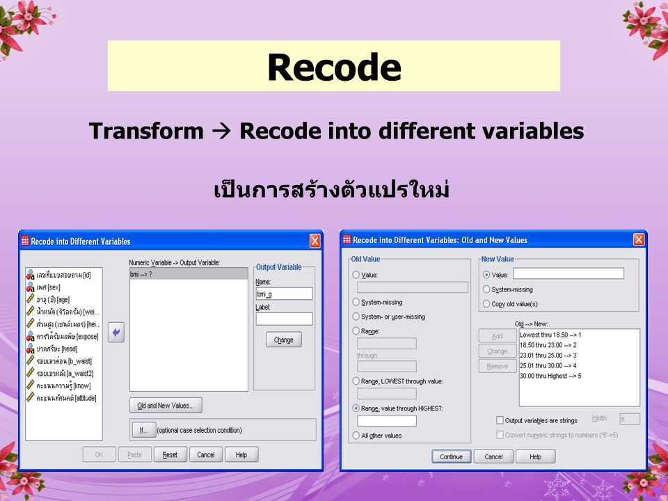 Transform  Recode into different variables เป็นการสร้างตัวแปรใหม่