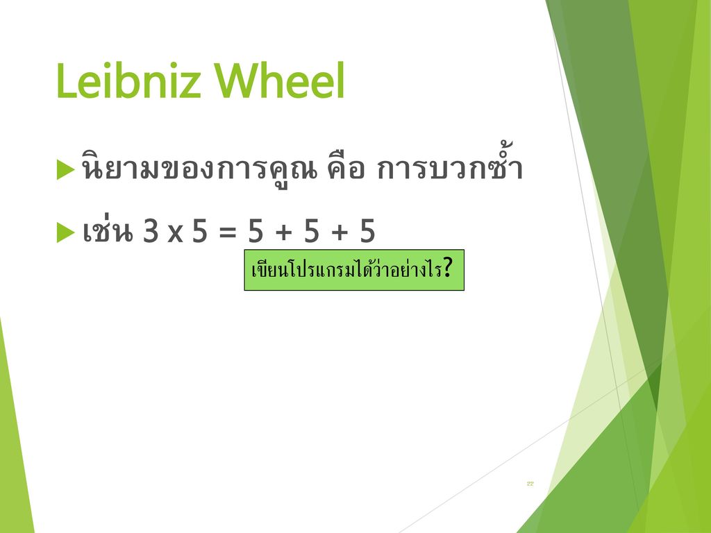 Leibniz Wheel นิยามของการคูณ คือ การบวกซ้ำ เช่น 3 x 5 =