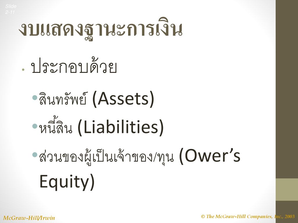 งบแสดงฐานะการเงิน สินทรัพย์ (Assets) หนี้สิน (Liabilities)