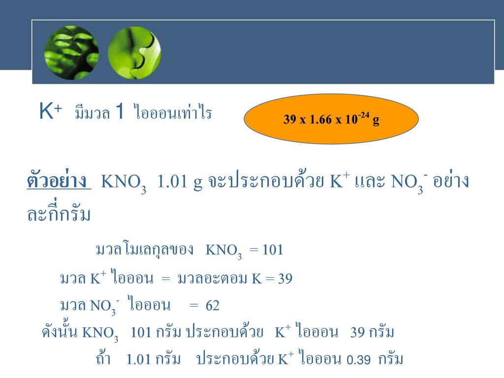 ตัวอย่าง KNO g จะประกอบด้วย K+ และ NO3- อย่าง ละกี่กรัม