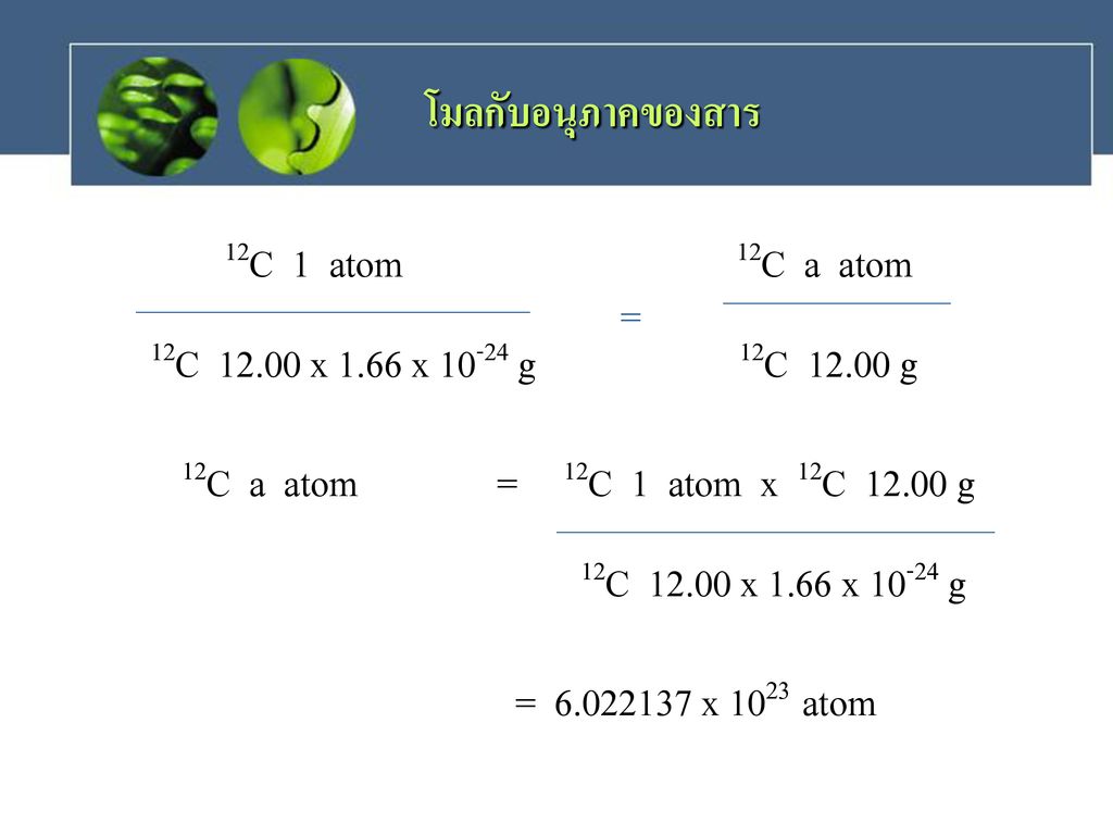 โมลกับอนุภาคของสาร 12C 1 atom 12C a atom. 12C x 1.66 x g 12C g.