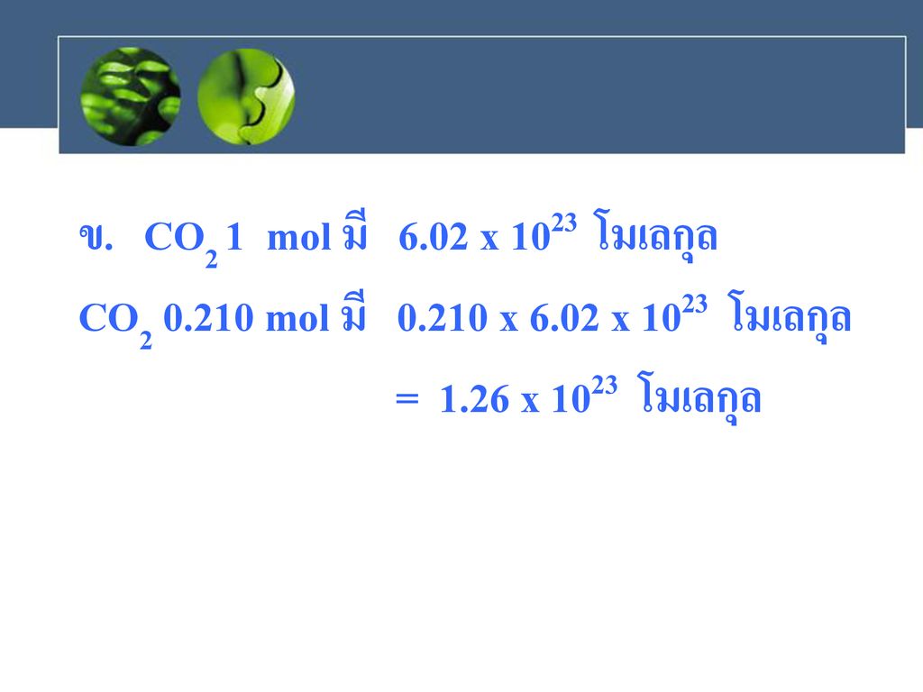 ข. CO2 1 mol มี 6.02 x 1023 โมเลกุล CO mol มี x 6.02 x 1023 โมเลกุล.