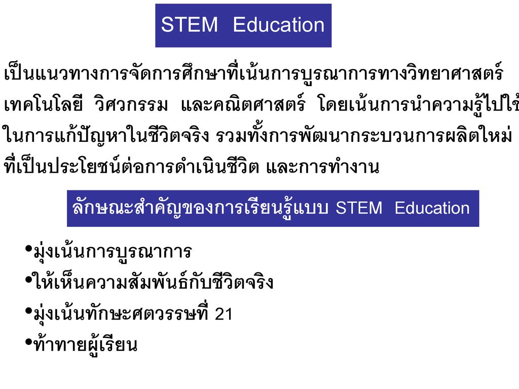 STEM Education เป็นแนวทางการจัดการศึกษาที่เน้นการบูรณาการทางวิทยาศาสตร์ เทคโนโลยี วิศวกรรม และคณิตศาสตร์ โดยเน้นการนำความรู้ไปใช้