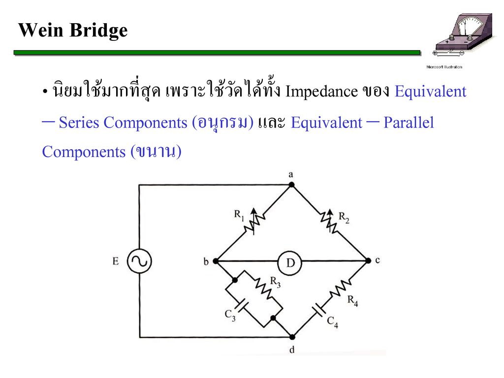 Wein Bridge นิยมใช้มากที่สุด เพราะใช้วัดได้ทั้ง Impedance ของ Equivalent – Series Components (อนุกรม) และ Equivalent – Parallel Components (ขนาน)