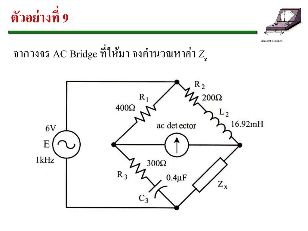 ตัวอย่างที่ 9 จากวงจร AC Bridge ที่ให้มา จงคำนวณหาค่า Zx