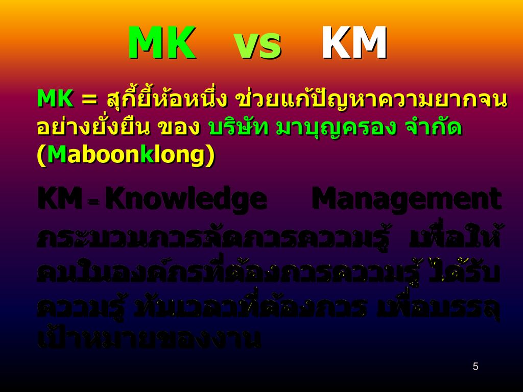 MK vs KM MK = สุกี้ยี้ห้อหนึ่ง ช่วยแก้ปัญหาความยากจนอย่างยั่งยืน ของ บริษัท มาบุญครอง จำกัด (Maboonklong)
