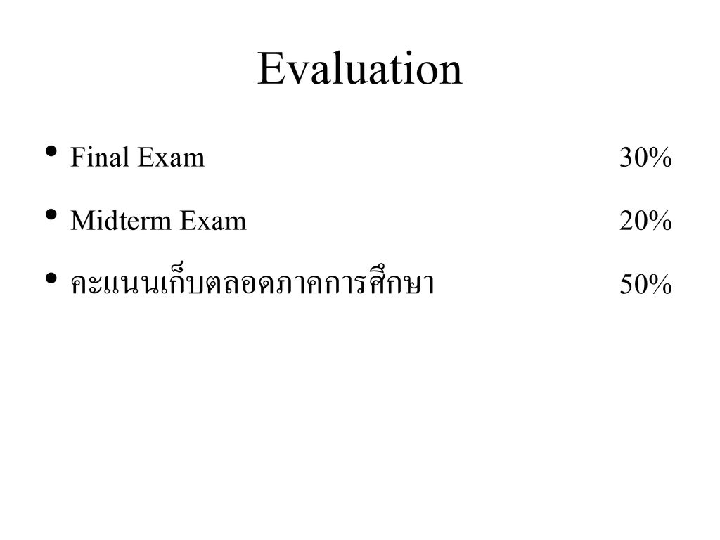 Evaluation Final Exam 30% Midterm Exam 20%
