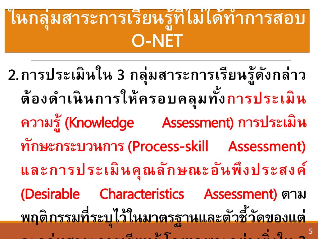 รูปแบบการประเมินผลสัมฤทธิ์ทางการเรียน ในกลุ่มสาระการเรียนรู้ที่ไม่ได้ทำการสอบ O-NET