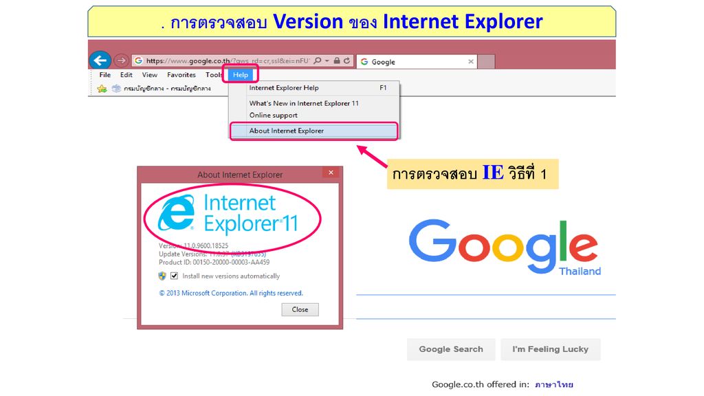 . การตรวจสอบ Version ของ Internet Explorer
