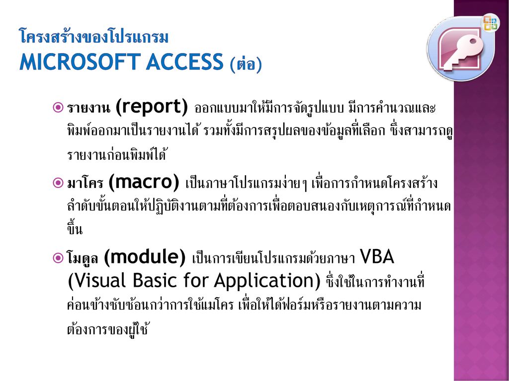 โครงสร้างของโปรแกรม Microsoft Access (ต่อ)